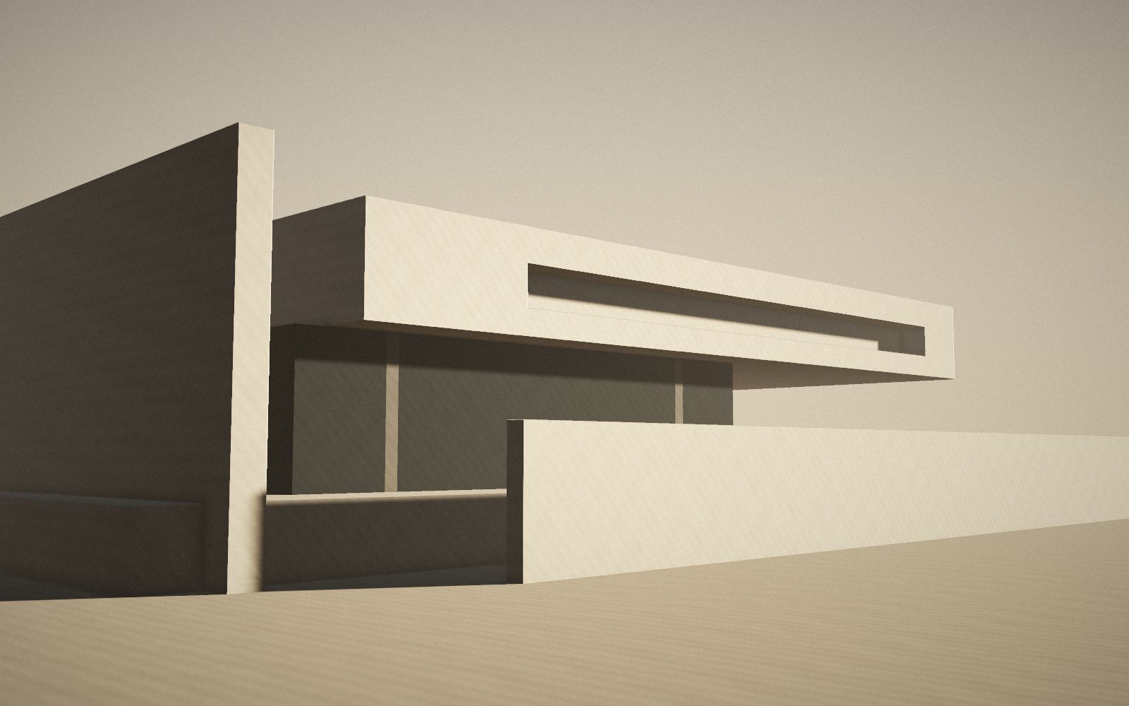 Casa con volume a sbalzo in calcestruzzo chiaro al sole radente (render concept)