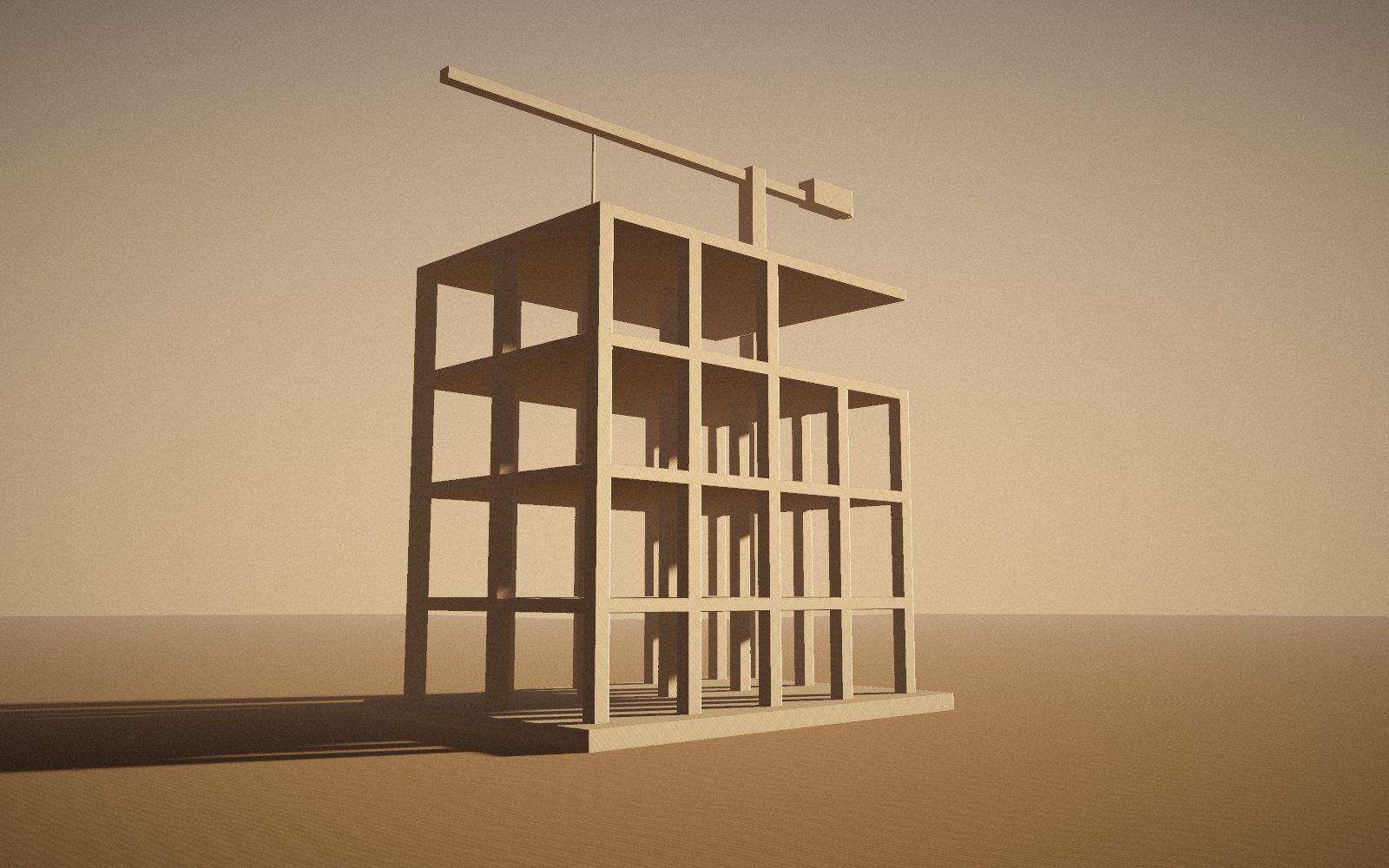 Struttura in calcestruzzo armato in costruzione con gru, luce del tramonto (render concept)